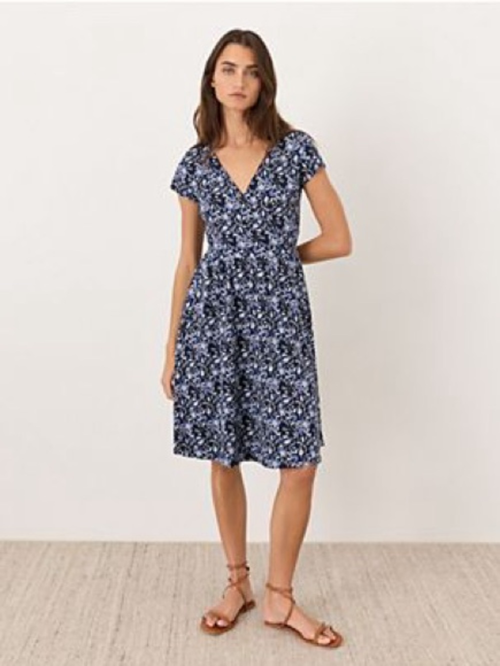 Pact Navy and White Floral V-Neck Short Sleeve Dress
